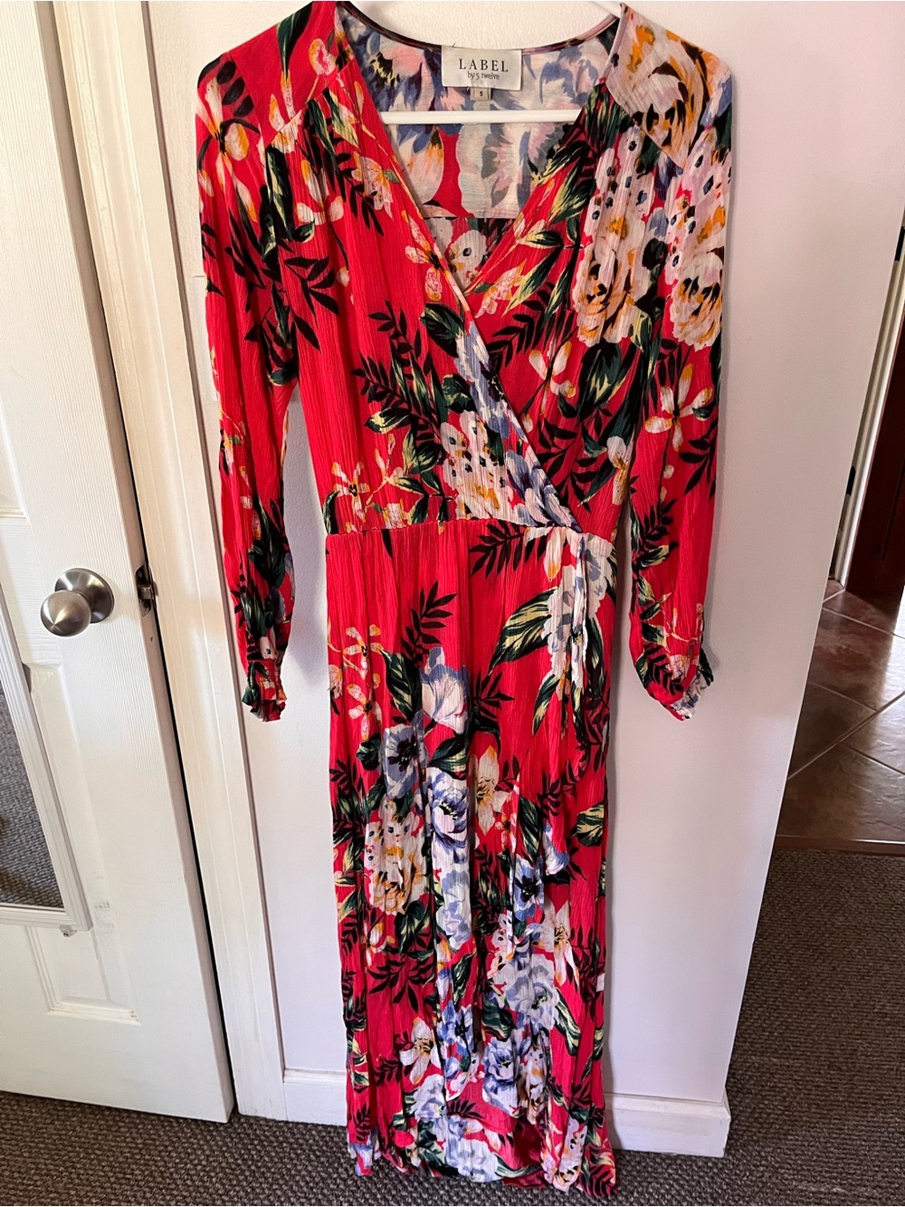 Melissa Masse Coral Red Floral Wrap Maxi Dress